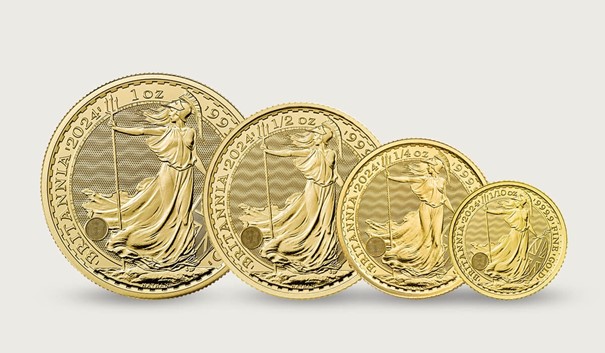 Gouden Britannia munten formaten 1 troy ounce, 1/2 troy ounce, 1/4 troy ounce en 1/10 troy ounce
